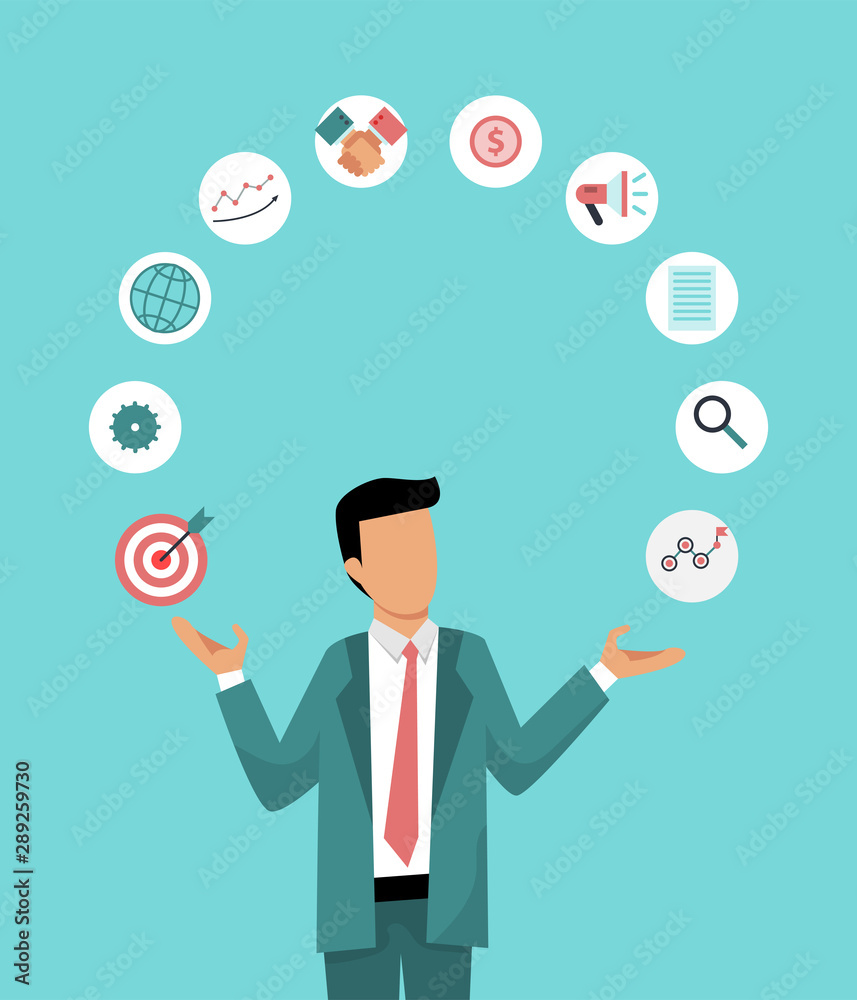 Businessman is juggling business icons. Illustration of the correct distribution work time. Business management vector illustration.