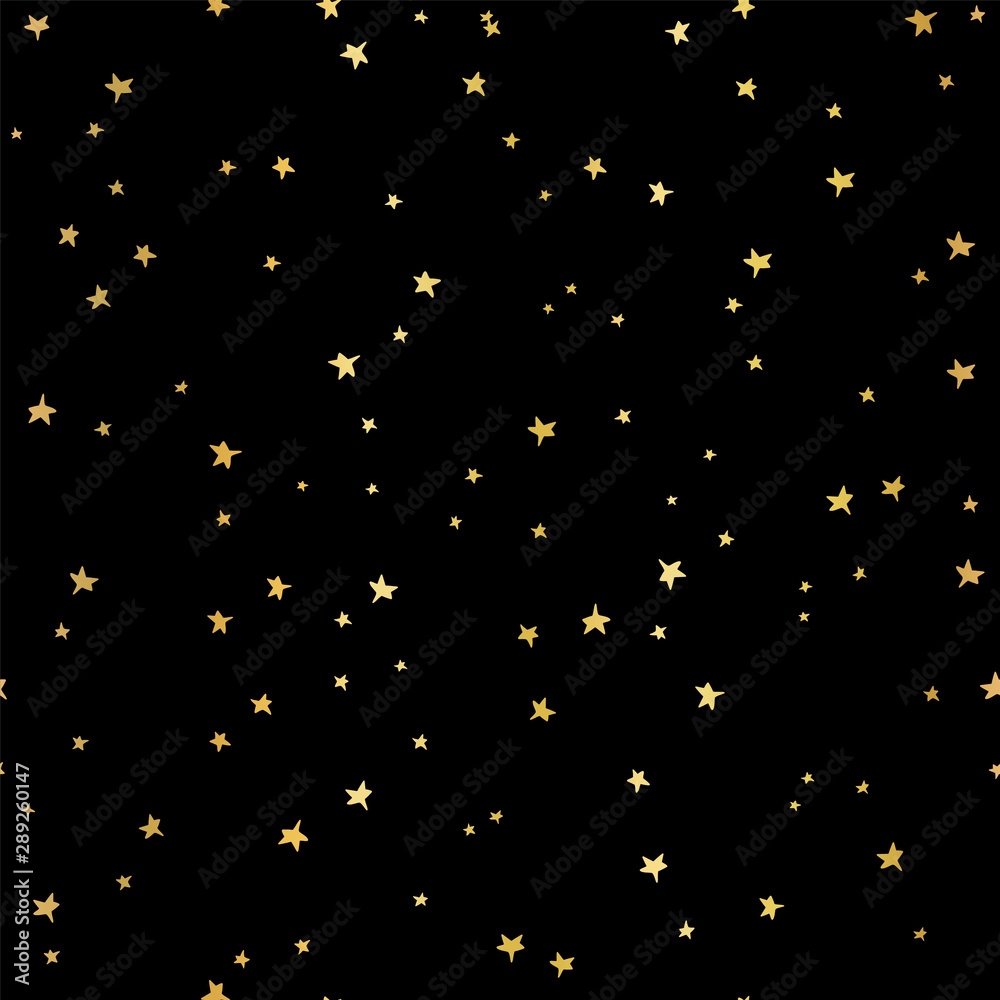 Gold foil stars vector seamless pattern. Hand Drawn doodle stars on black. Starry sky background. Golden metallic festive Background. Falling stars. Outer space Gold foil stars vector seamless pattern. Hand Drawn doodle stars on black. Starry sky background. Golden metallic festive Background. Falling stars. Outer space