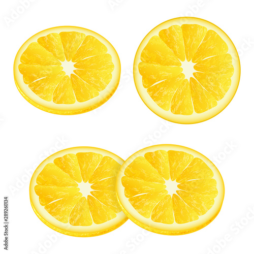 Slices of lemons. Realistic style. Vector illustration. Isolated on white. Object for packaging, advertisements, menu. Isolated on white.
