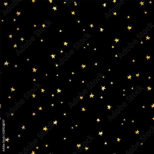 Gold foil stars vector seamless pattern. Hand Drawn doodle stars on black. Starry sky background. Golden metallic festive Background. Falling stars. Outer space