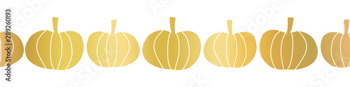 Gold foil pumpkins seamless vector border. Repeating hand drawn metallic golden pumpkin silhouettes. Thanksgiving border for party decor, ribbons, banners, invitations, scrap booking, digital paper
