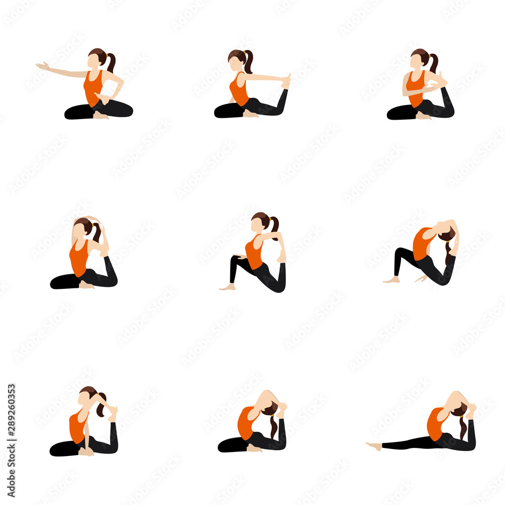 King pigeon pose variations yoga asanas set/ Illustration stylized