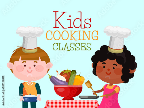 Chefs kids cooking classes vector illustration. Boy and girl are cooking food. Smiling children are standing at the table.