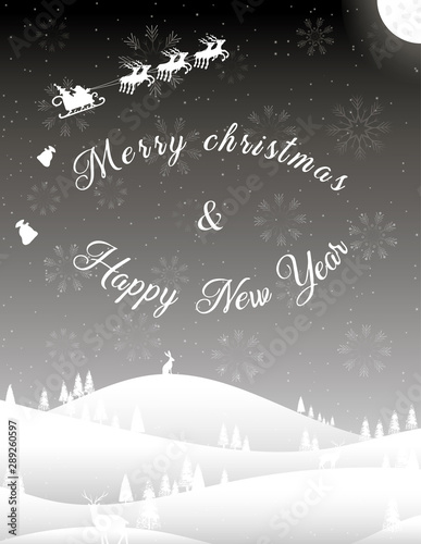 Vertical black white christmas card winter forest snowdrifts flying santa claus