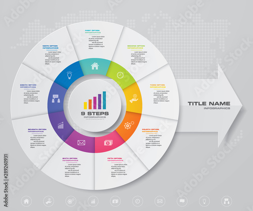 9 steps pie chart/ circle chart with arrow infographics design element. EPS 10.	