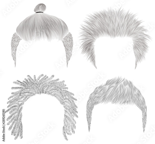 set of different trendy man hairs. sketches . Beauty style.shaggy dreadlocks bun