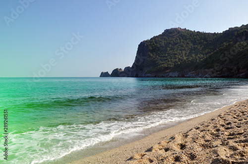 Beautiful view of the Mediterranean Sea, mountains, beach.