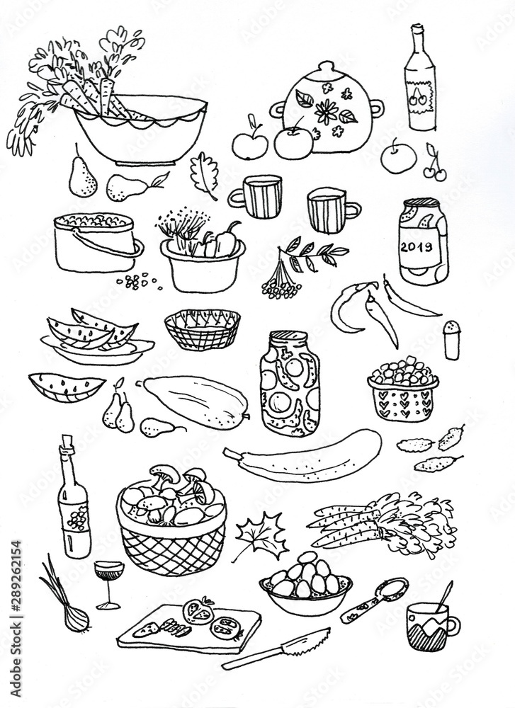 Cooking poster. Background with Utensils and Food. Can be yused lice logo, icons, design elements in yuor works. Illustration.