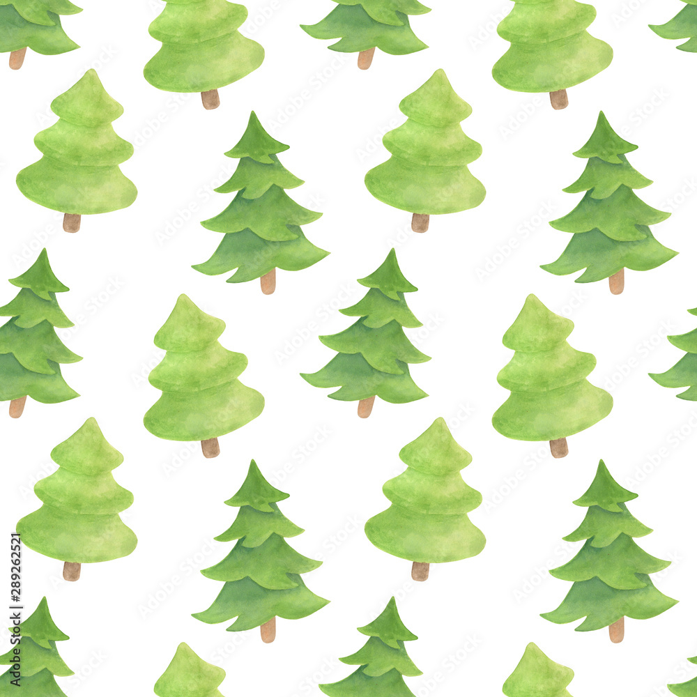 Watercolor fir seamless pattern. Hand drawn evergreen plants isolated on white background. Spruce backdrop for decoration, Christmas design, cards, kids illustration, wrapping paper.