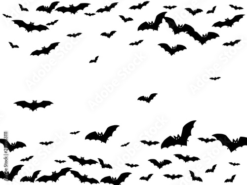 Evil black bats group isolated on white vector Halloween background. Flittermouse night creatures illustration. Silhouettes of flying bats vampire Halloween symbols on white.