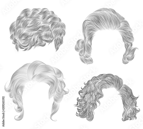 set of  different short curly hairs . fashion beauty african style . fringe  pencil drawing sketch .