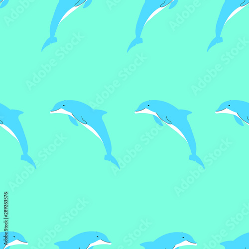 Seamless pattern. Cartoon dolphin. Vector graphics. Flat icon. Background. Your design.