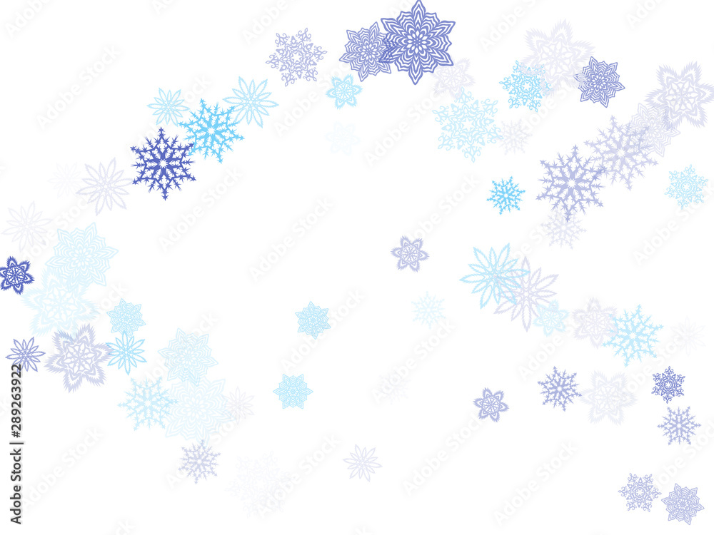 Blue transparent paper snowflakes flying vector winter background. Creative stylized falling and flying airy paper snow flakes on white. Winter seasonal january weather snowflakes ice crystals.