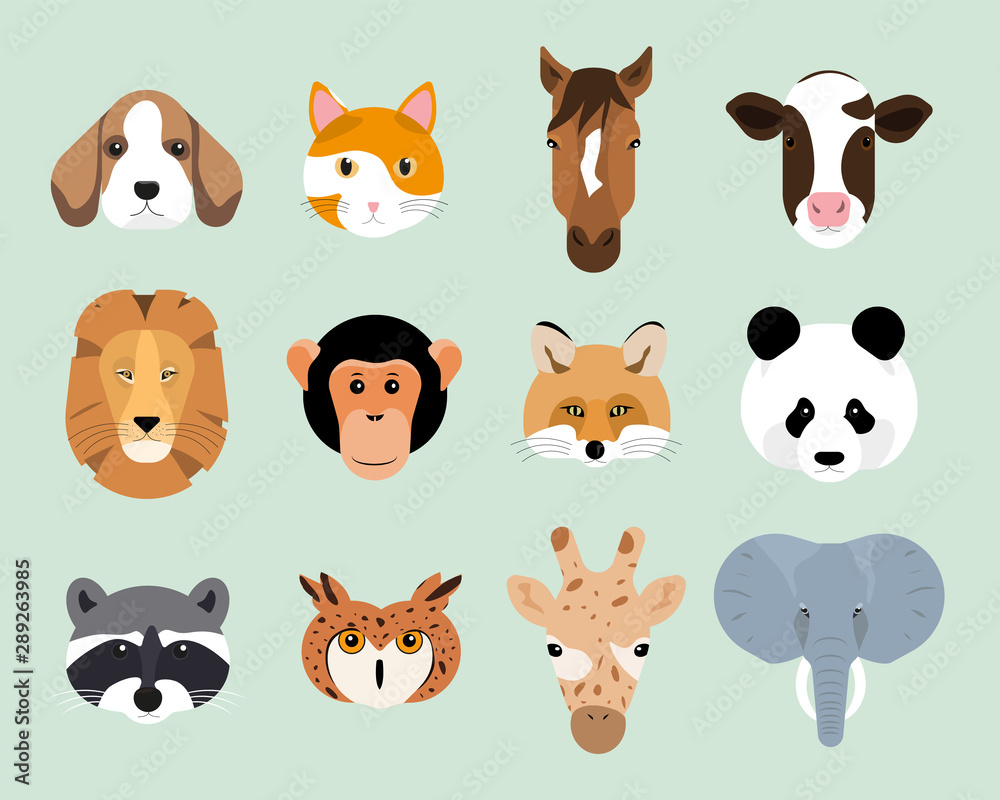Set of cute animal heads. Flat style vector illustration.