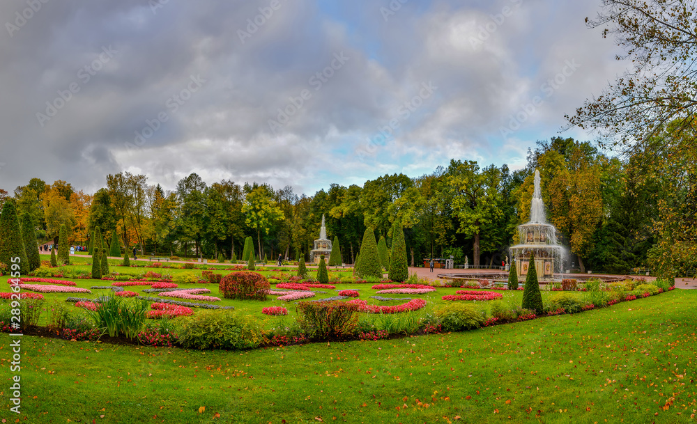 The famous Lower Park in Peterhof in autumn cloudy weather.