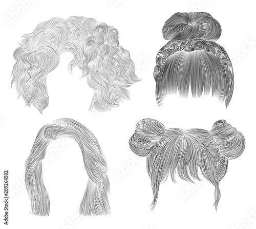 set  Medium woman hairs  . black  pencil .drawing sketch . women fashion beauty style..  fringe curls cascade Disheveled care plait buns.