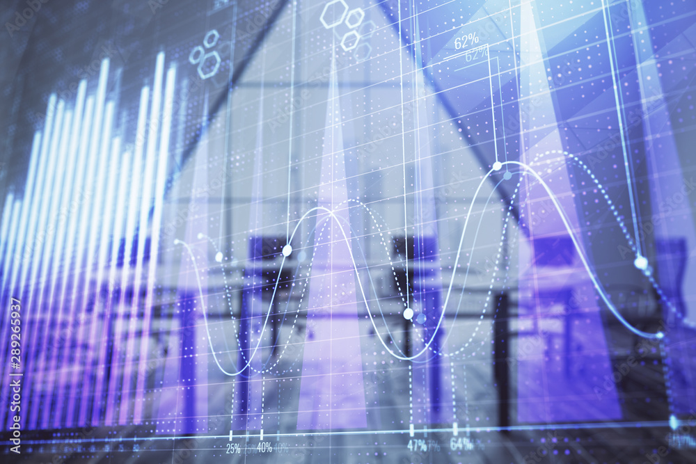 Double exposure of forex chart on conference room background. Concept of stock market analysis Double exposure of forex chart on conference room background. Concept of stock market analysis