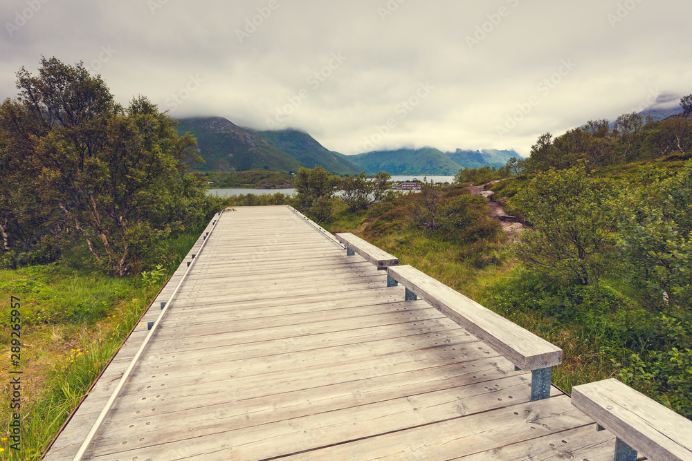 Walkway and fjord landscape, Lofoten Norway Walkway and fjord landscape, Lofoten Norway