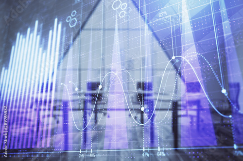 Double exposure of forex chart on conference room background. Concept of stock market analysis