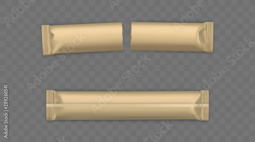 Blank brown, whole new and used, torn in half sachets sticks for sugar, instant coffee or candy wrapper 3d realistic vector illustration isolated on transparent background. Product packaging mockup