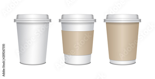 Realistic blank mock up paper cups set with plastic lid. Coffee to go, take out mug