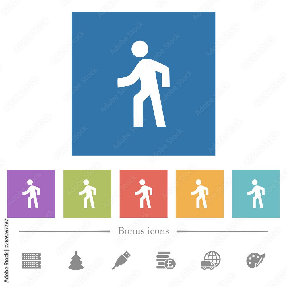 Man walking left flat white icons in square backgrounds Man walking left flat white icons in square backgrounds