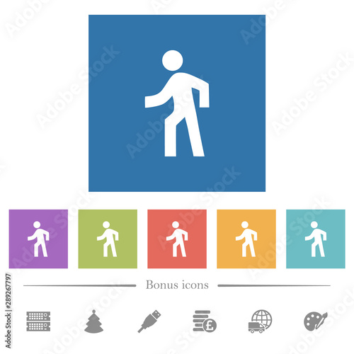 Man walking left flat white icons in square backgrounds