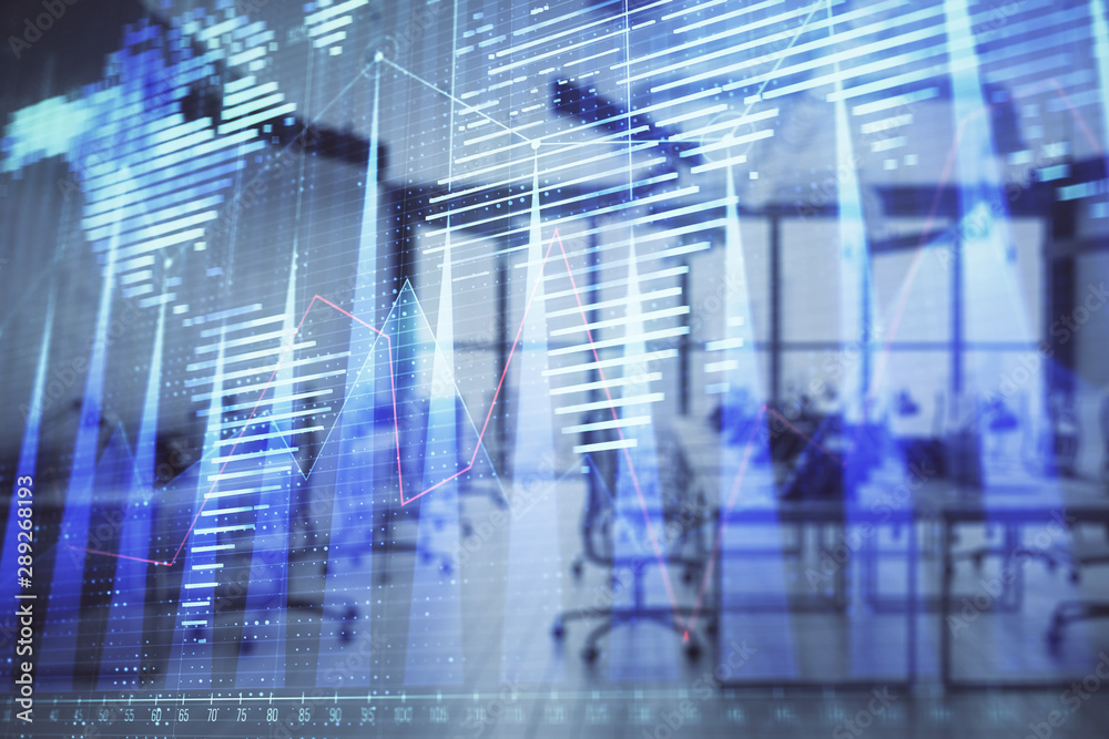 Stock and bond market graph and world map with trading desk bank office interior on background. Multi exposure. Concept of international finance Stock and bond market graph and world map with trading desk bank office interior on background. Multi exposure. Concept of international finance