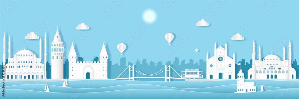 Obraz premium Architektura Turcji podróży w Stambule w pejzażu Turcji i rzeki z panoramicznymi widokami, papier w stylu origami na pocztówki z podróży, ilustracji wektorowych.