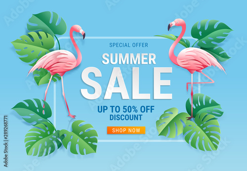 Summer sale card with two pink flamingo on tropical leaf paper cut background. Vector illustration