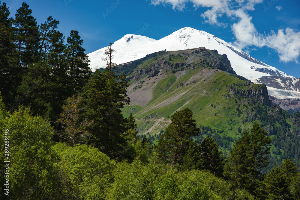 The highest mountain in Europe is Elbrus.  Height of mount Elbrus of 5642 meters above sea level. Beautiful mountains in the Elbrus region. Kabardino-Balkar Republic. 