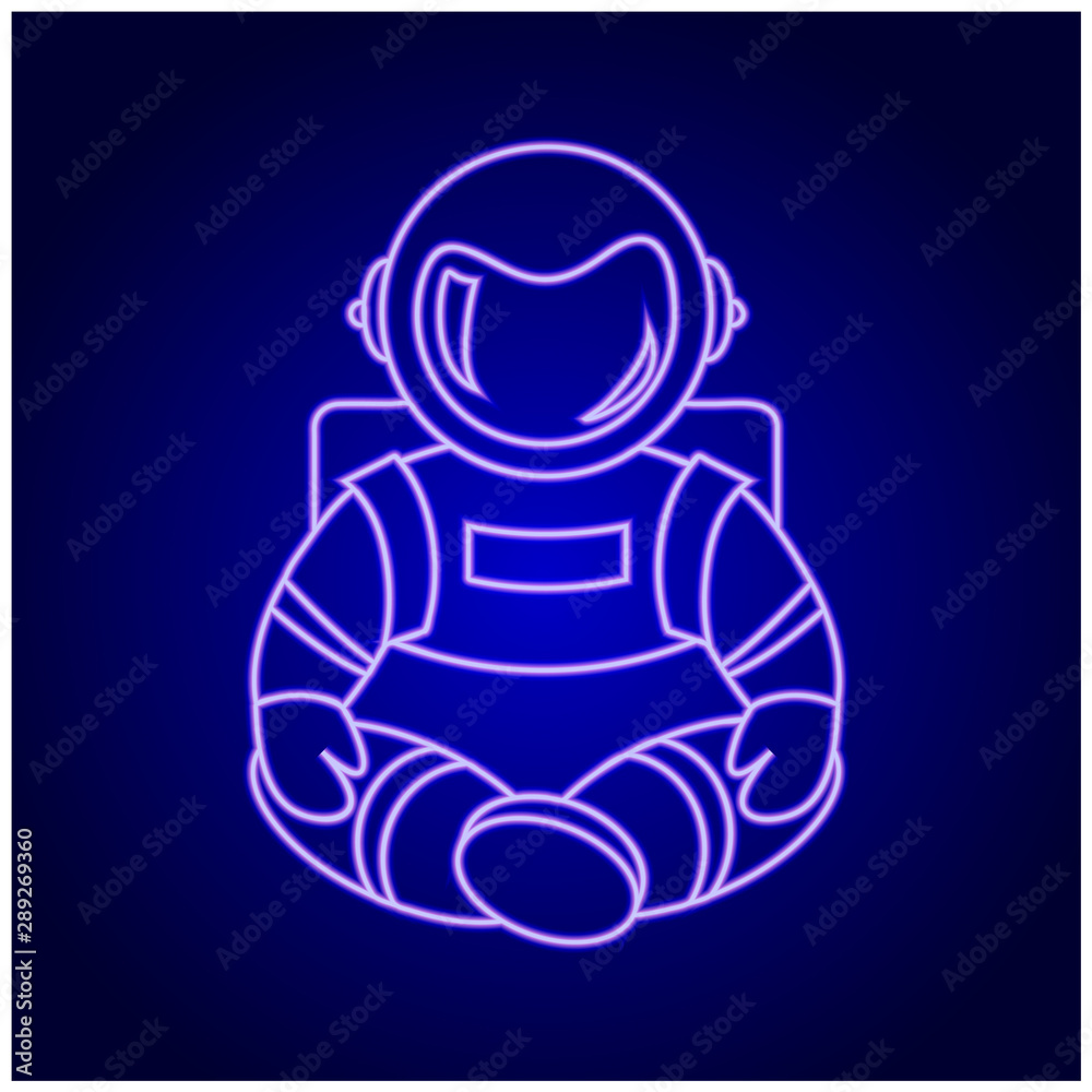 Glowing Neon effect sign with pink astronaut. Nightclub or bar concept. Purple astronaut outline on dark background. Glowing Neon effect sign with pink astronaut. Nightclub or bar concept. Purple astronaut outline on dark background.