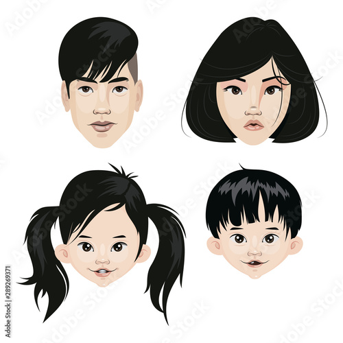 Set of a family of Asian nationality. A collection of portraits of Asians. The faces of children and teenagers of Asian appearance. Vector illustration for children.