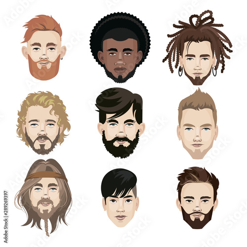Set of men of different nationalities. Collection of portraits of guys from all over the world. Illustration of the faces of the guys. A cartoon drawing.