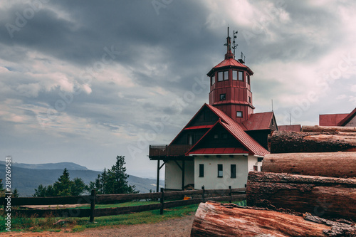 Lookout tower on the top of Pancir which is peak of Sumava - Bohemian Forest National Park in Czech Republic photo