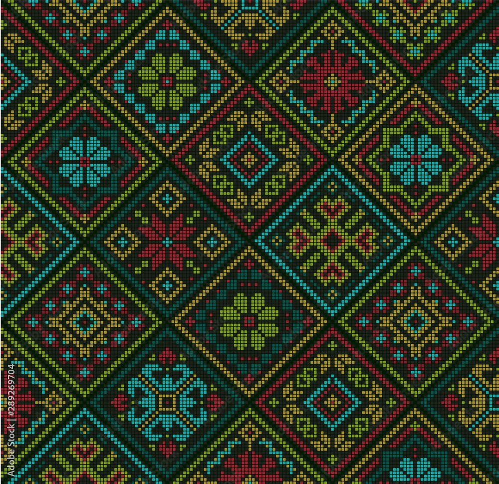 Christmas square background. Ethnic style romantic colorful embroidered background. Rhombus cross-stitch pattern. Scandinavian winter folk design.