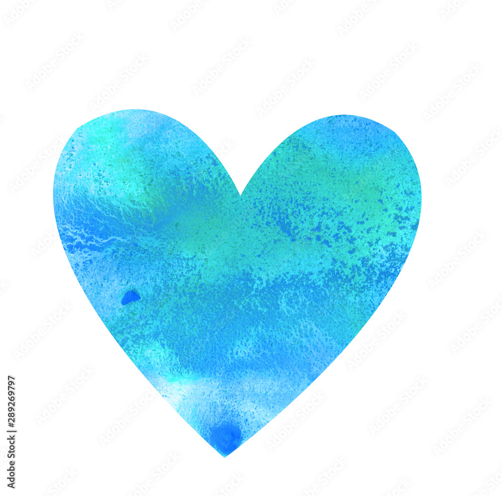 Hand drawn watercolor blue sea heart isolated on white background. Gradient textured brush element for Valentine's Day card, T-shirt design. Illustration