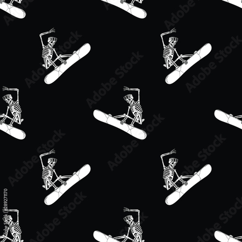 SKELETON SNOWBOARDER SEAMLESS PATTERN WHITE BLACK BACKGROUND