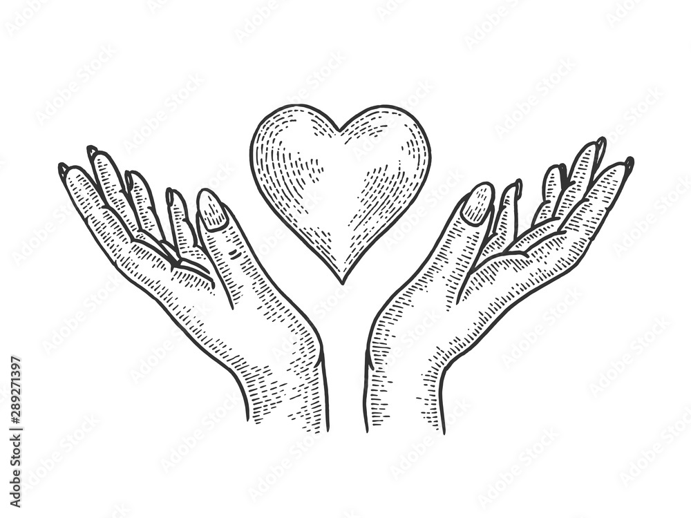 Hands and heart symbol Blood donation sketch engraving vector illustration. Tee shirt apparel print design. Scratch board style imitation. Black and white hand drawn image.