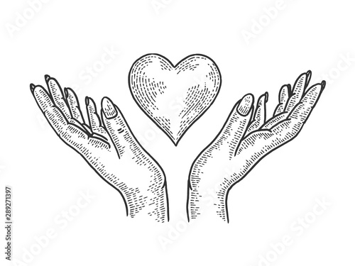 Hands and heart symbol Blood donation sketch engraving vector illustration. Tee shirt apparel print design. Scratch board style imitation. Black and white hand drawn image.