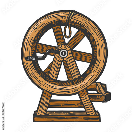 Breaking wheel medieval torture device sketch engraving vector illustration. Scratch board style imitation. Hand drawn image.