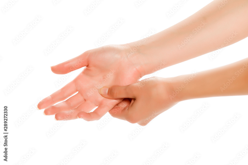 Female hands massage isolated on white background.