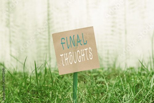 Writing note showing Final Thoughts. Business concept for the conclusion or last few sentences within your conclusion Plain paper attached to stick and placed in the grassy land