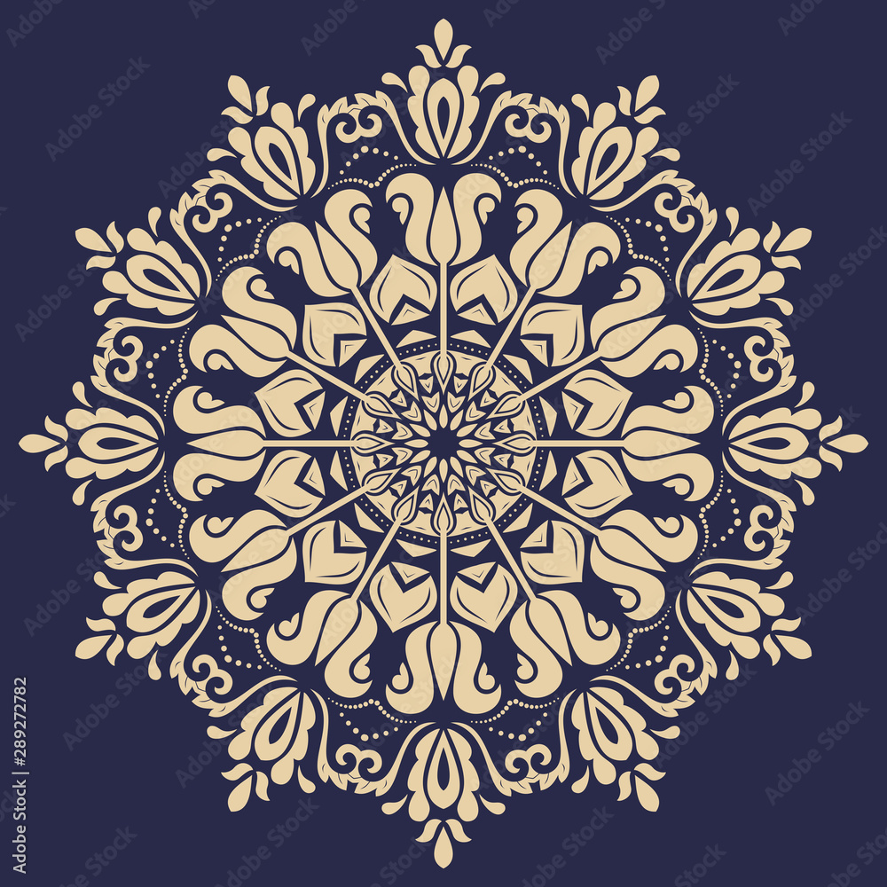 Oriental round golden pattern with arabesques and floral elements. Traditional classic ornament. Vintage pattern with arabesques Oriental round golden pattern with arabesques and floral elements. Traditional classic ornament. Vintage pattern with arabesques