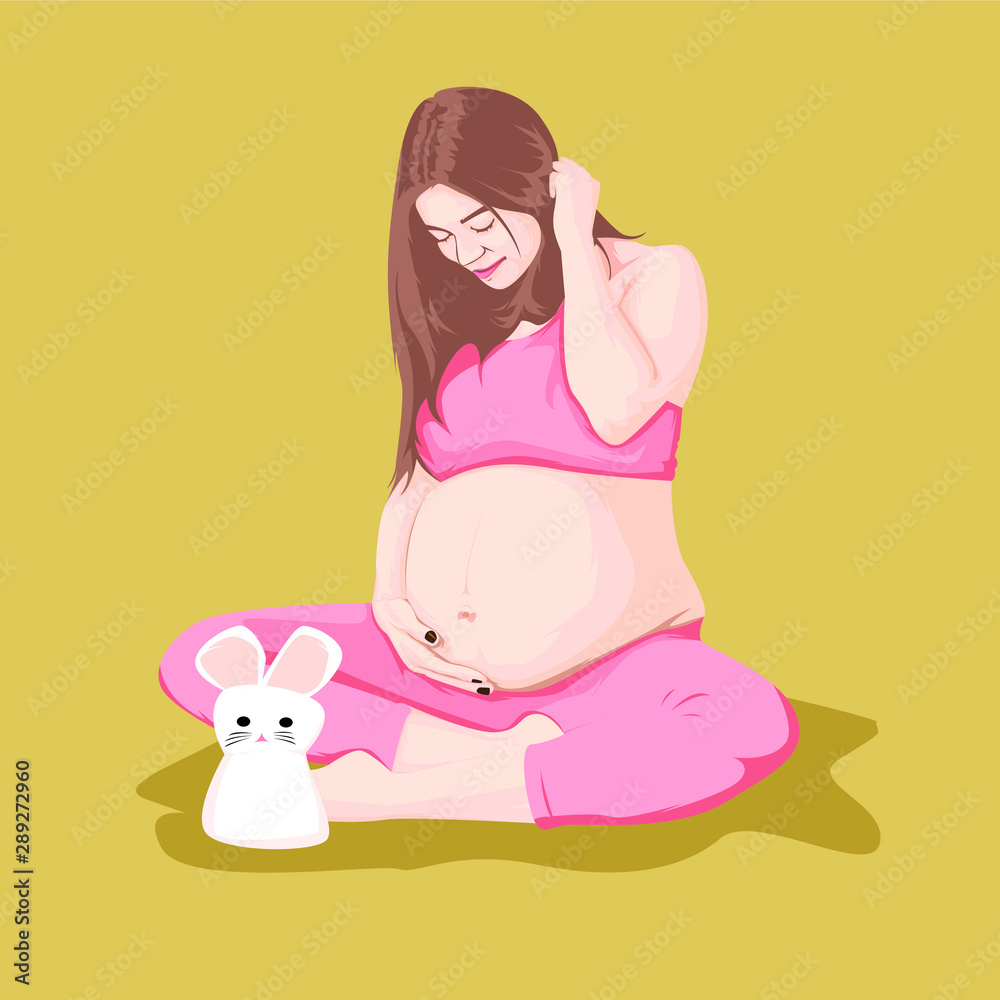 pregnant girl with a rabbit cartoon. pregnant girl with a rabbit cartoon.