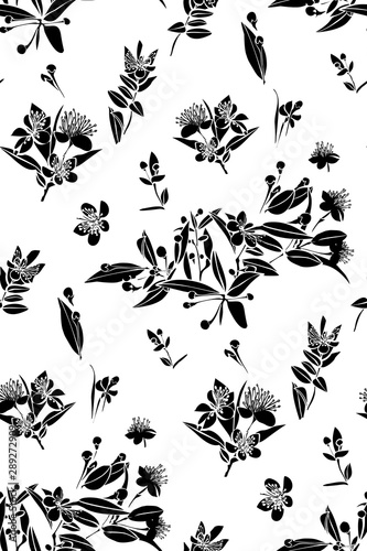 Black abd white floral design seamless pattern. Wild flowers and leaves background. Vector . Textile design, wallpaper, fabric print.