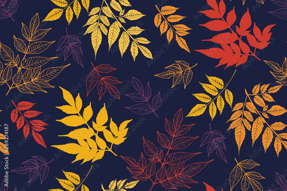Autumn seamless pattern with leaves. Colourful Vector background hand drawn. Textile print, wrapping ,wallpaper.