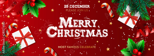 Happy New Year banner, Xmas st with gifts box, green pine branches, candy stick and holly berry. Horizontal Christmas posters, greeting cards, headers, website. Objects viewed from above.