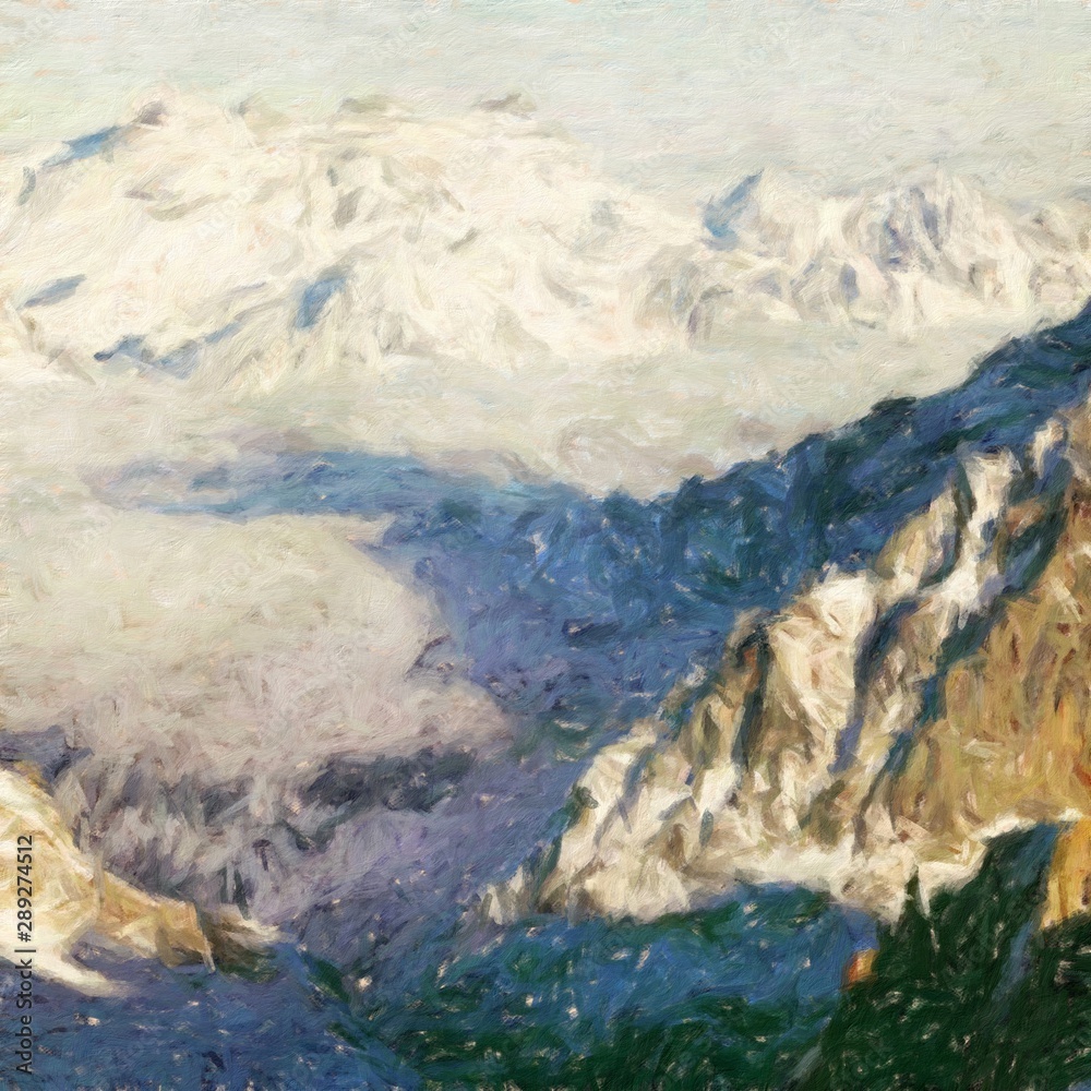 Fototapeta premium Digital mountains view oil painting with real brush strokes effect. Contemporary impressionism mixed style wall art print. Power of nature scene. Vacation postcards and prints design. Beauty artwork.