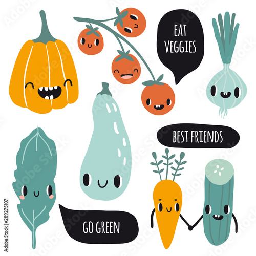 Cute cartoon smile vegetable characters with speech bubbles